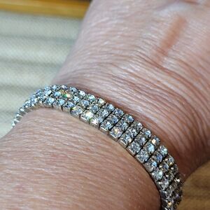 Sparkly Silver Tone Crystal Stretch Bracelet 3 Rows Rhinestones One Size FitsAll